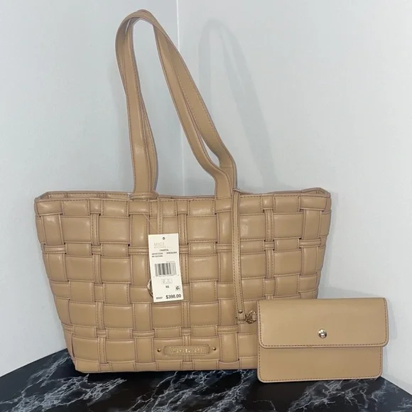 MICHAEL KORS Ivy Tote Bag & Wallet Woven Synthetic Leather 2pc Handbag AUTHENTIC - Picture 2 of 13